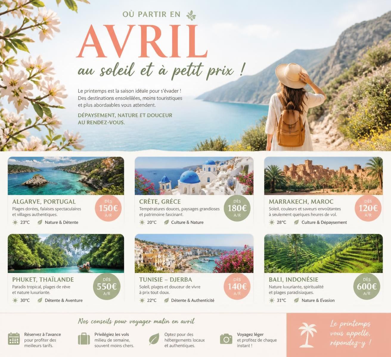 découvrez les meilleures destinations pour un voyage pas cher en avril et profitez pleinement sans dépenser une fortune. conseils et astuces pour partir malin au printemps.
