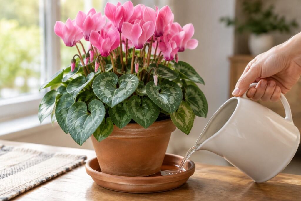 Arrosage du cyclamen en pot : le bon geste pour ne pas le noyer